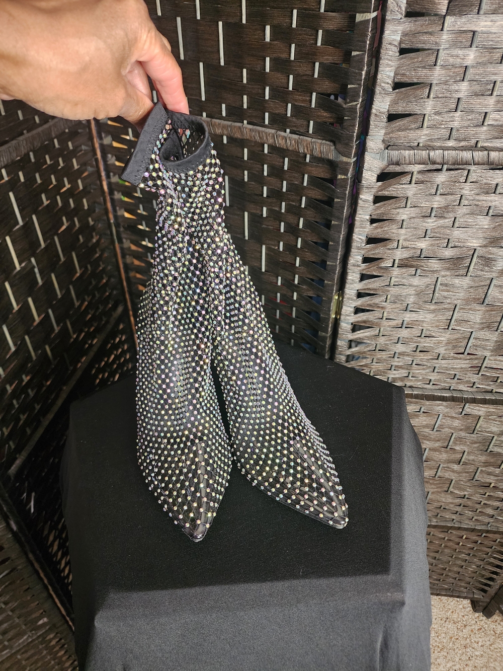 Black Crystal-Embellished Pointed Sock Boots  (B1)